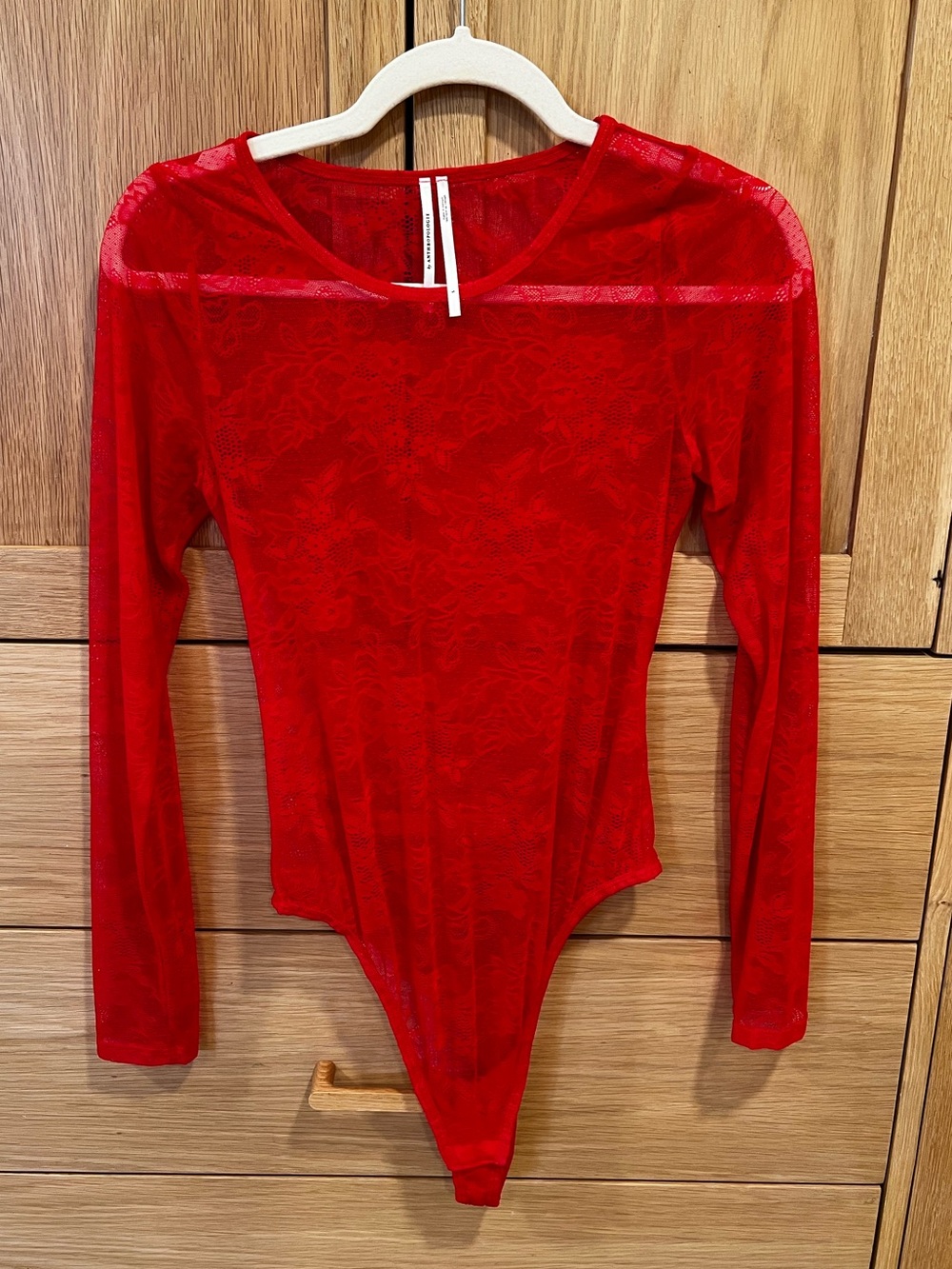 Anthropologie Lace Long Sleeve Bodysuit Red Size Small Feminine Sheer Holiday